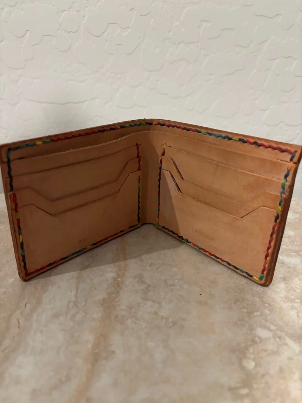 Bespoke Handcrafted Tan Leather Bifold Wallet with Rainbow Stitching